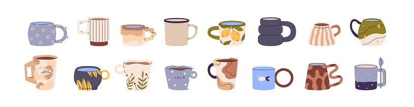 Different pottery cups set. Various handmade tea mugs with cute print. Decorated ceramic teacups for hot drinks. Colored ornamented kitchenware for coffee. Flat isolated vector illustration on white.