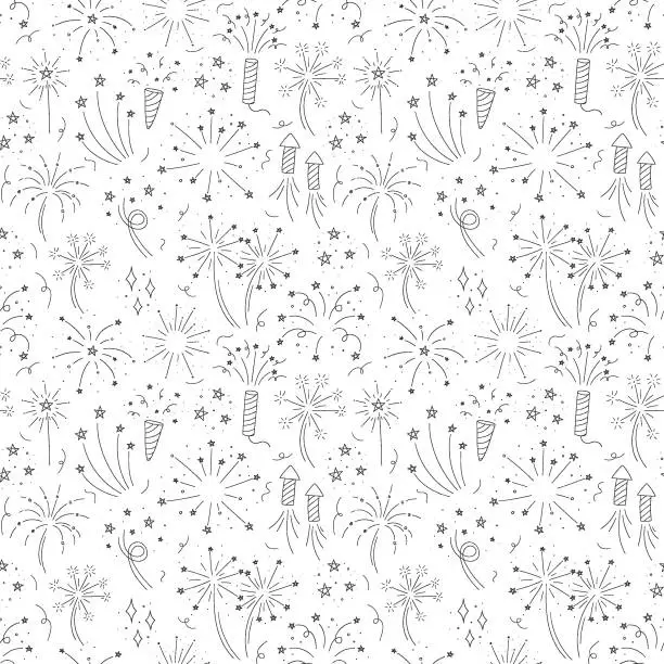 Vector illustration of Cute line doodle firework seamless pattern. Vector illustration. Holiday event design. Christmas salute.