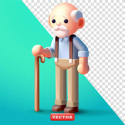 Old man character holding a cane, 3d vector. Suitable for health , grandfather's day and design elements