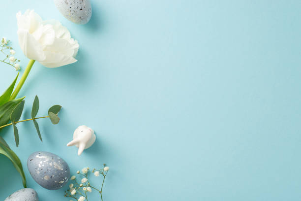 istock Easter motif visual with top view of slate greyish eggs, a small bunny sculpture, gypsophila, tulip, and eucalyptus branch set against a pastel blue canvas, leaving space for words 2030247152