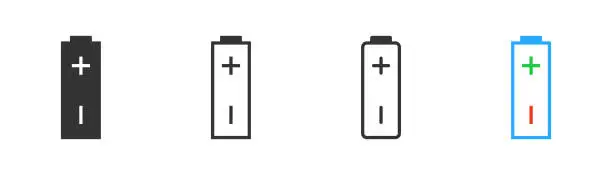 Vector illustration of Battery with plus and minus signs icon. Charging indicator, full, empty battery. UI element, instruction symbol. Outline flat and colored vector illustration.