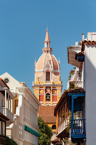 Beautiful building in historic city Cartagena de Indias with beautiful colonial architecture. The one of most beautiful town in Caribbean Coast Region, Colombia.
