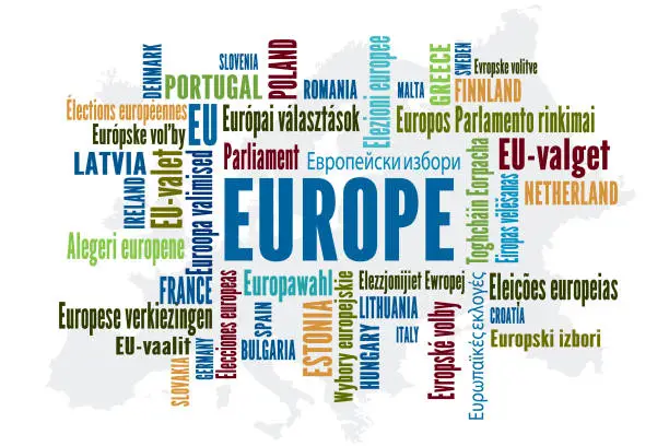 Vector illustration of Europa European Elections multilingual. EU World Map Word Cloud isolated on white. European Election in different European languages and countries. media business.