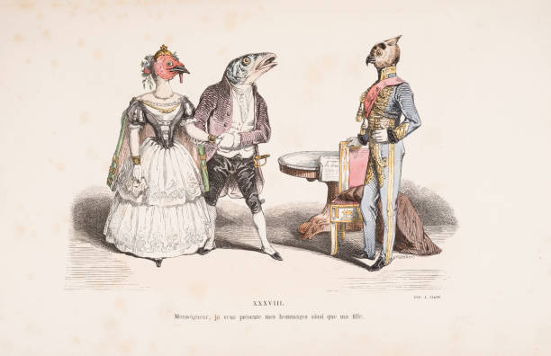 The Turkey Lady, the Fish Gentleman, and the Owl-Headed Aristocrat "Your Grace, I present to you my respects as well as my daughter" – A distinguished lady with the head of a turkey, adorned in a dress with a full skirt, introduces a noble gentleman with the proud profile of a fish. This scene, reminiscent of a formal 19th-century reception, unfolds in a setting that suggests opulence and high status. Illustration from Grandville's 'Les Métamorphoses du jour', 1854. embarrassed silly stock illustrations