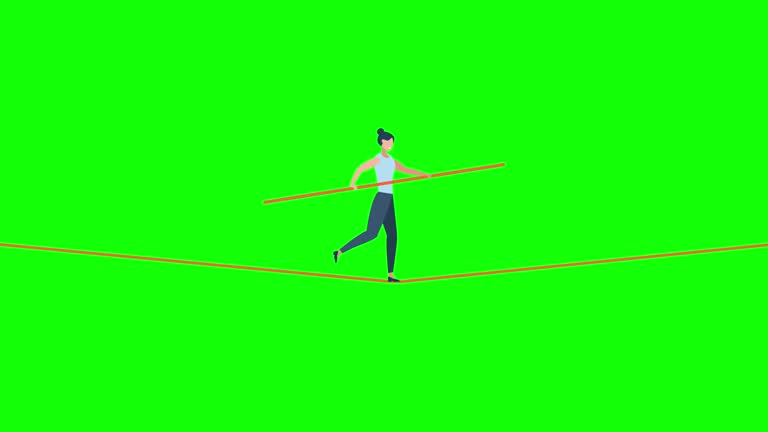 Professional strategy. A woman walks over the gap as a tightrope walker. Manage Business risk. Woman walking tightrope. Funambulist. Balance-master. 2d flat animation. Alpha-channel. Green screen.