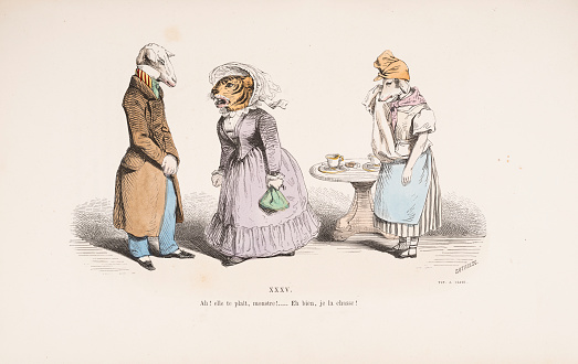 A Grandville illustration depicts a confrontation between a tigress woman in the center, dressed in a gray gown, and a sheep-headed man on the left, wearing a brown coat. She emotionally accuses him of desiring another woman. To the right, a lamb-headed woman stands by a table with cups, seemingly enduring the scene. The tone is satirical, capturing social tensions with humor and criticism.