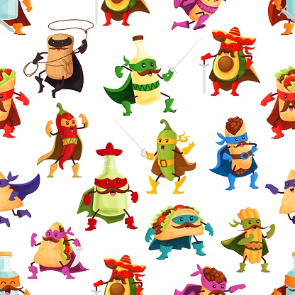 Cartoon tex mex food superhero characters seamless pattern. Vector background with avocado, chili, nachos, tacos, churros, tamale and tequila personages playing with muscles and swinging swords