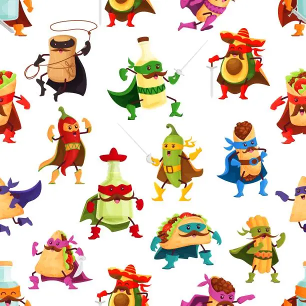 Vector illustration of Cartoon tex mex food superhero seamless pattern