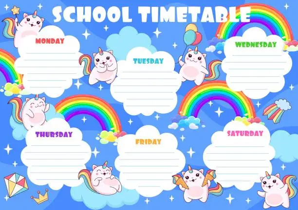 Vector illustration of Education timetable schedule, cartoon caticorn