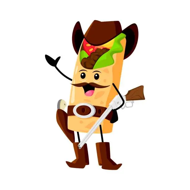 Vector illustration of Cartoon burrito cowboy and sheriff tex mex food