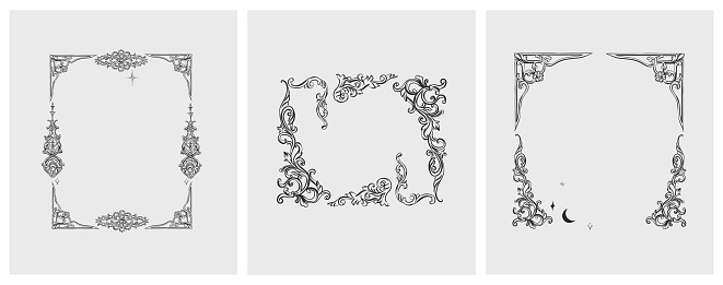 Hand drawn vector abstract outline,graphic,line vintage baroque ornament floral frame in calligraphic elegant modern style.Baroque floral vintage outline design concept.Vector antique frame isolated