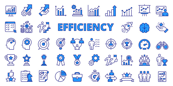 Efficiency icons in line design, blue. Efficiency, productivity, optimization, performance, effectiveness, business isolated on white background vector. Efficiency editable stroke icons