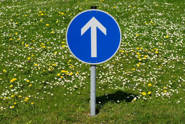 A blue road sign with a white arrow