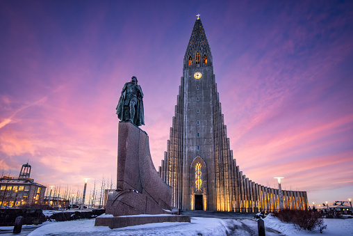 February 1, 2024 - Reykjavik, Iceland: View of Hallgrimskirkja church early in the morning