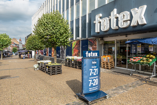 Street scene of shopping street and Fotex supermarket in center of Hobro, Mariagerfjord, North Jutland, Denmark