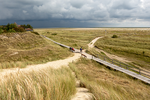 People walking on boardwalk footpath in dunes near Kniepsand beach in Wittdun, Amrum island, North Frisia, Schleswig-Holstein, Germany