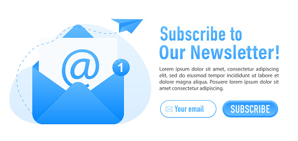 Newsletter subscription banner. Online marketing and business. Open envelope with letter and paper plane. Template for mailing and newsletter. Subscription to news and promotions. Vector illustration