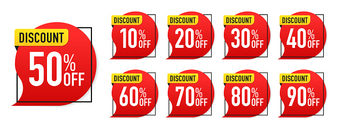 Sale discounts label. Red round speech bubble shape promote buy now with sell off up to 20, 30, 40, 50, 60, 70, 80, 90 percentage. Trendy red sales promotion banner element. Vector illustration