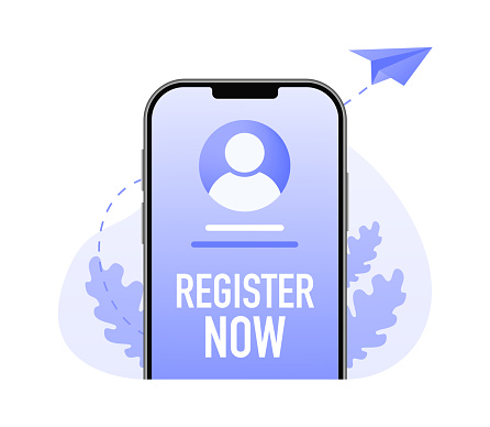 Create app account from smartphone, log in, join as member, sign up, register now button concept. Registration new account. Sign in page on smartphone screen. Vector illustration
