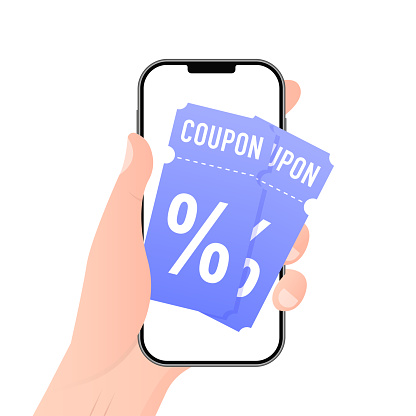 Hand holding mobile smart phone with discount. Store special offer promotion. Digital voucher. Markdown program, loyalty program. Gift Coupon on mobile phone. Vector illustration