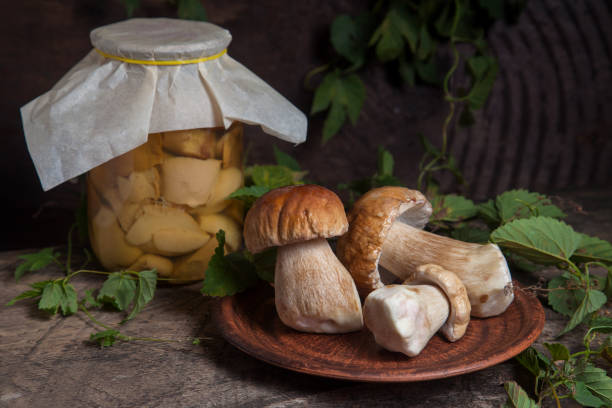 clay plate with porcini mushroom commonly known as boletus edulis and glass jar with canned mushrooms on vintage wooden background. - mushroom stem cap plate imagens e fotografias de stock