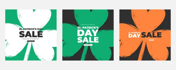 Vector illustration of St. Patrick's Day Sale Set. Commercial backgrounds with brush stroke shamrock symbol for Paddy's Day season shopping promotion and sale advertising.