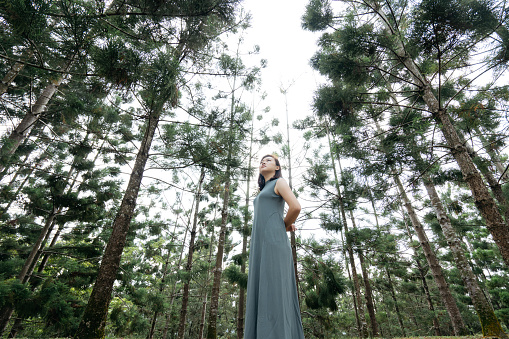 Portrait of an Asian woman feeling nature in the forest