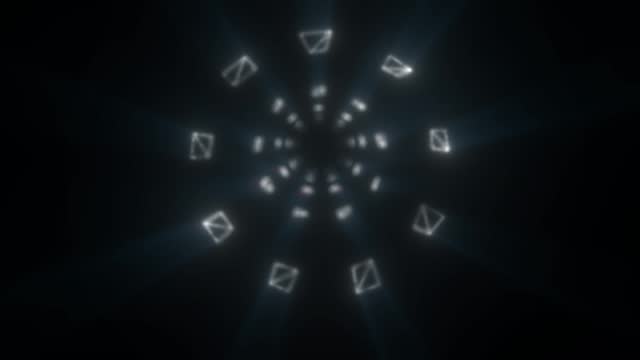 Animation of a tunnel with burning lanterns of solar panels on a black screen.