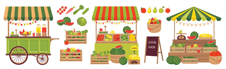 A stall set with fruits and vegetables. Local food at the farmer's market. A fruit cart with fruits. Local markets with a set of illustrations with various fruits and vegetables. Vector illustrations.