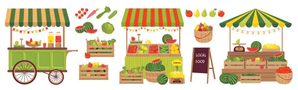 Vector illustration of FRUITS CART STALL SET