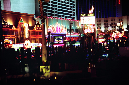 Las Vegas, United States - Feb 10, 2024:  Night view of O'Sheas and Flamingo Las Vegas Hotel & Casino in Las Vegas Strip, Nevada during early 1990s
