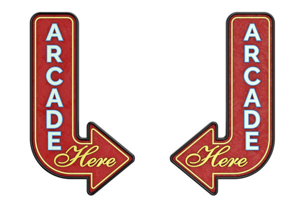 istock Vintage Rusty Metal Arcade Here Arrow Sign. 3d Rendering 2030402229