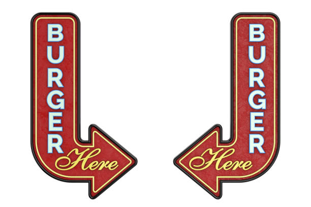 Vintage Rusty Metal Burger Here Arrow Sign. 3d Rendering