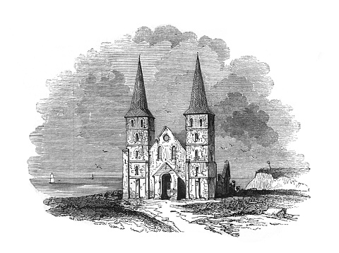 Ancient church of reculver England. Vintage hand drawn engraved churche of old England illustration.