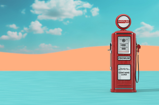 Red Retro Gas Pump Station in the Abstract Desert Landscape extreme closeup. 3d Rendering
