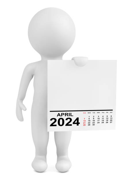 character holding calendar april 2024 year. 3d rendering - april 2012 calendar year imagens e fotografias de stock