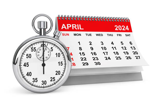 2024 anno aprilecalendario con cronometro. rendering 3d - april 2012 calendar year foto e immagini stock