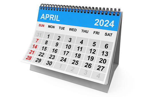 2024 Year April Calendar on a white background. 3d Rendering