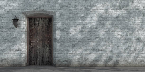 Prison Rusted Entrance Door with Brick Wall Background extreme closeup. 3d Rendering