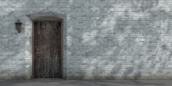 Prison Rusted Entrance Door with Brick Wall Background extreme closeup. 3d Rendering