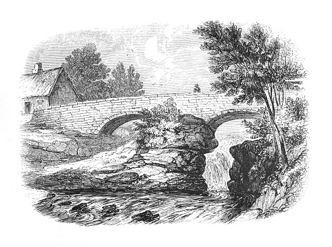 Ancient or Vintage Duntocher bridge England. hand drawn engraved rural vintage illustration.