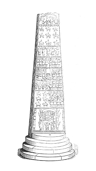 Ancient Sueno's Pillar at Forres. Sueno's stone to contact with outer space. Old Yellow Sandstone. contact with Aliens. hand drawn engraved vintage illustration. Morey Schotland.