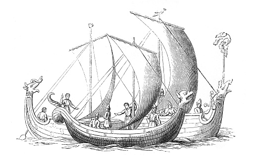 Saxon first ship. Ship from an engraving in Strutt's Chronicle of England. one of the first roman sailing ships. hand drawn engraved vintage illustration. Old England.