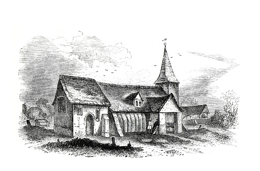 Ancient Church Greensted in England. Church Greensted. Vintage hand drawn engraved chapel of old England illustration. wooden church or stave church. Church of St Andrew.