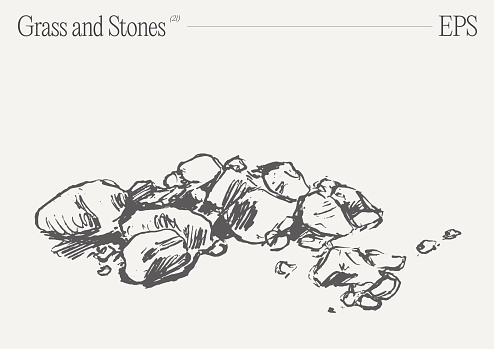 A monochromatic artwork depicts an intricately detailed illustration of grass and rocks on a pristine white background.