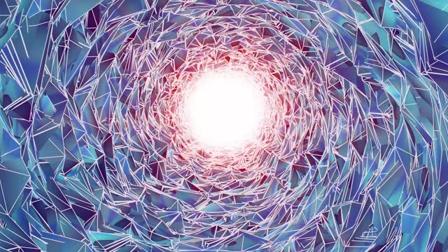 Animation of a tunnel with blue crystals and a bright glow at the end.