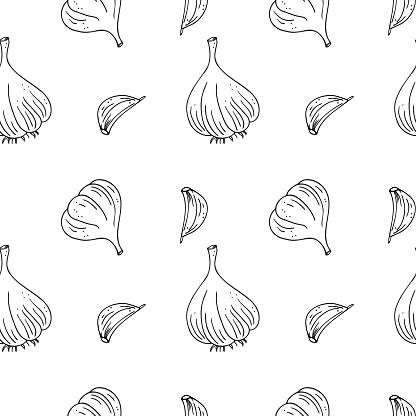 Garlic sketch seamless pattern hand drawn vector illustration repeating background. Drawn texture backdrop garlic spices, vegetable harvest, organic food, ingredient for wrapping, label, card, paper, textile, paper, print