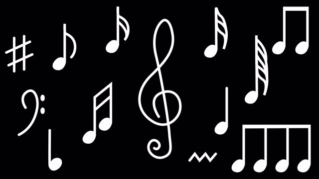 White notes and treble clef on a black screen.