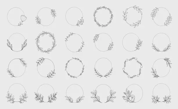 Vector illustration of Minimal botanical wedding frame elements on white background. Hand drawn wreath set