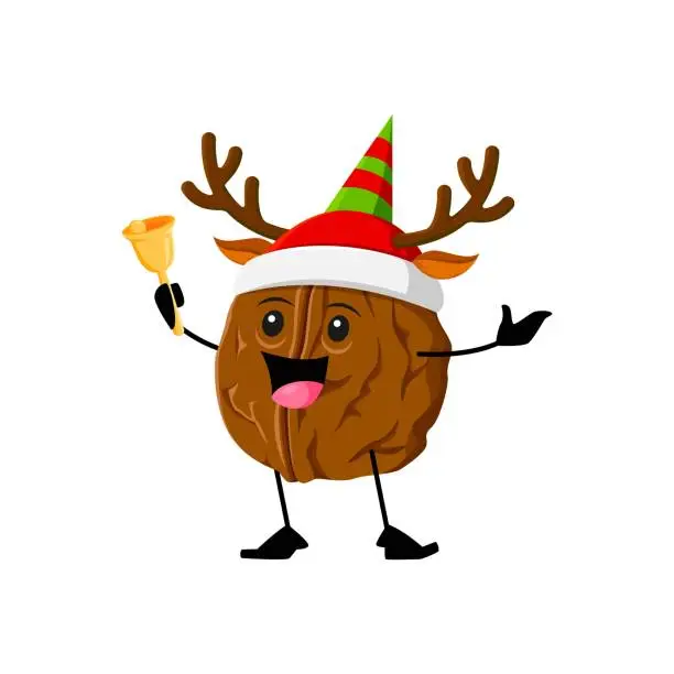 Vector illustration of Cartoon Christmas walnut nut character ring a bell
